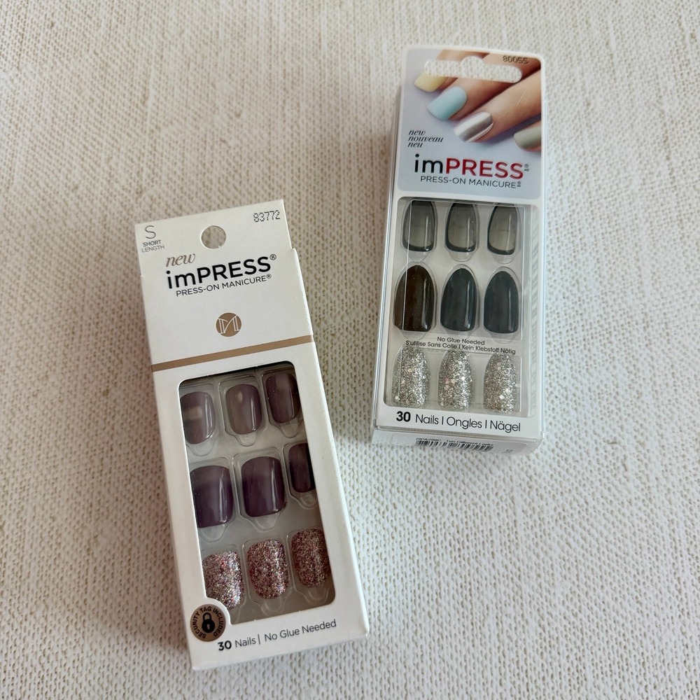 2 Sets KISS imPRESS Press-On Manicure Nails Kits Purple Silver Black New NIP